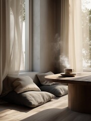 Cozy Window Seat with Steaming Coffee and Soft Curtains