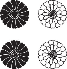 Isolated Zinnia Icon Set, Layered Zinnia Flower Silhouette, Zinnia Floral Design Icon, Minimal Floral Design, Solid Black Outline, Thin Stroke, Clean Vector, Isolated White Background