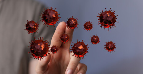 Conceptual image of a hand touching virus particles. Medical visualization of the spread of the virus, represe