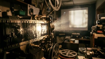 Vintage Film Projector in Dimly Lit Room.