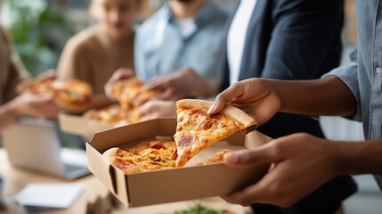Close-up shot of diverse business colleagues' hands taking pizza slices from delivery box during office celebration, team lunch gathering, defocused workplace, with copy space