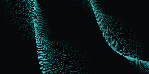 Flowing wave pattern of fine blue dots. Light vector curves. Abstract background banner design for music, AI technology, and neural network concepts.