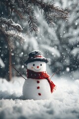 Obraz premium a cute snowman stands in a snowy landscape