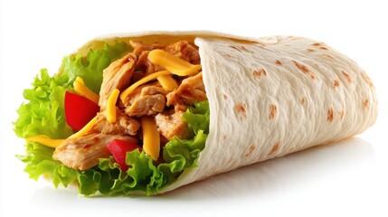 A chicken wrap contains pieces of grilled chicken lettuce shredded cheese and diced tomatoes rolled inside a soft flour tortilla. This meal shows fresh ingredients ready to eat.