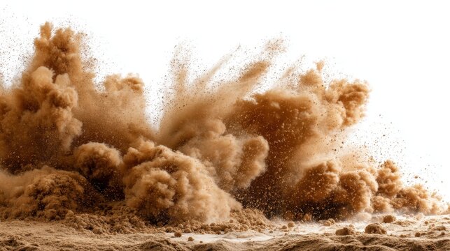 A large cloud of dust is blowing in the wind. The scene is chaotic and disordered, with the dust covering everything in its path. Scene is one of destruction and chaos