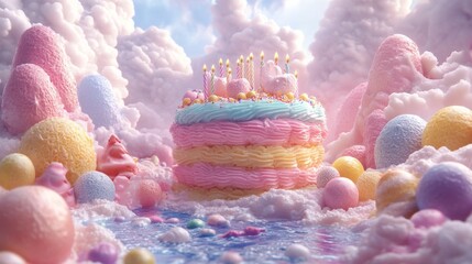 Pastel Birthday Cake in a Whimsical Candy Cloudscape with Floating Sweets