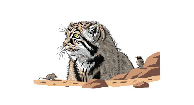 A detailed and realistic illustration of a Pallas's cat in its natural rocky habitat, accompanied by a small mouse and a bird.