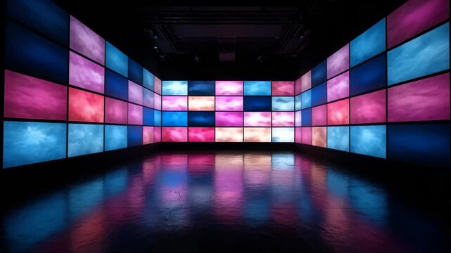Contemporary art space featuring vibrant digital screens displaying ocean-themed visuals at night