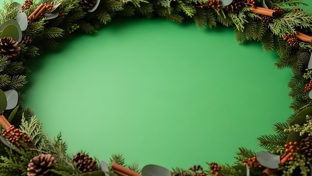 Festive Green Wreath Frame with Pine Cones Berries and Cinnamon Sticks on Empty Background Space - Powered by Adobe