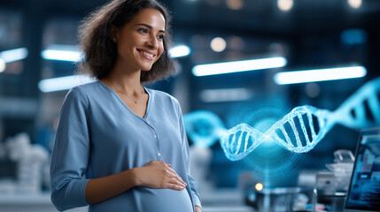 Pregnant woman surrounded by genetic testing laboratory equipment, futuristic holographic DNA analysis screen display, prenatal care technology, scientific visualization, with copy