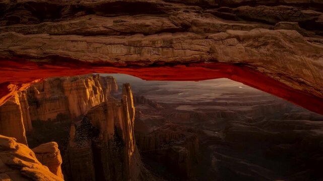 Rocky canyon interior with glowing red ceiling opening overlooking deep chasm at sunset