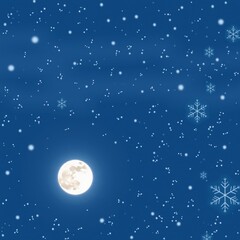 Naklejka premium Bright full moon illuminates a dark blue winter night sky filled with falling snow and detailed crystalline snowflakes