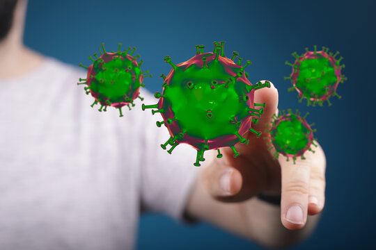 3D render of a person touching a digital representation of coronavirus cells. Concept of disease, health, prev