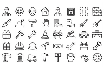 Worker Safety and Construction Tool Line Icons for Industry