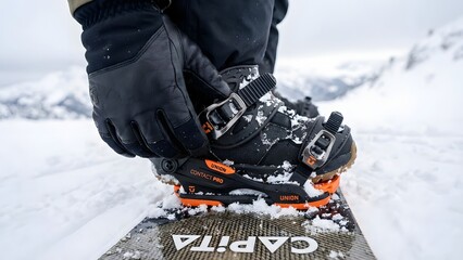 Close-up of Person Tying Snowboard Boots on Snowy Mountain.