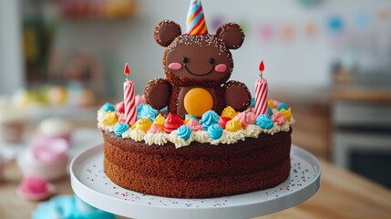 Chocolate teddy bear birthday cake with colorful frosting and candles.