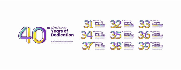 Colorful Years of Dedication Anniversary Logotype Set. 31, 32, 33, 34, 35, 36, 37, 38, 39, 40