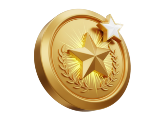 A 3D icon of a badge with a star, representing a special achievement and a level up, with a star for a new rank.