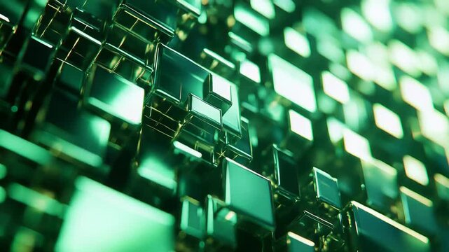Abstract green glass cubes are forming a futuristic digital network background, reflecting light and representing data connection points in a technology driven world