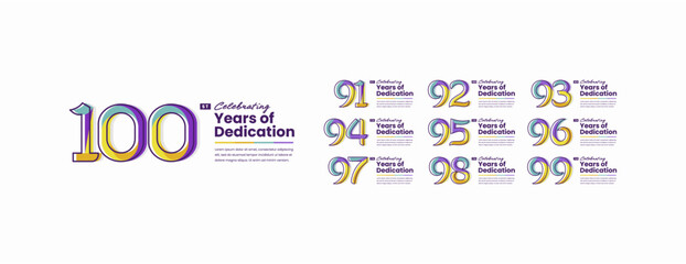 Colorful Years of Dedication Anniversary Logotype Set. 91, 92, 93, 94, 95, 96, 97, 98, 99, 100