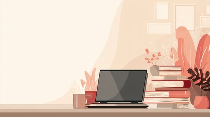 Summer Marketing Scene for Online Education With Minimalist Desk and Floating UI Frames on Blank Wall