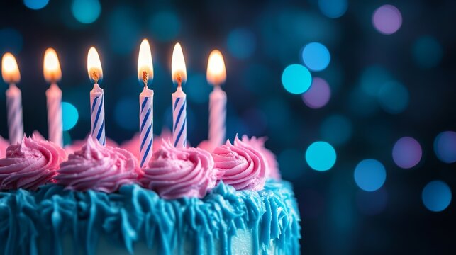 Festive birthday cake with lit candles and colorful bokeh background. - Powered by Adobe