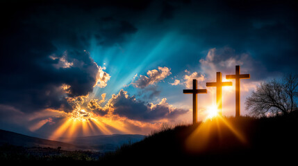 Obraz premium Powerful symbolic image of three crosses silhouetted on hilltop at sunset with divine light rays breaking through dramatic clouds, spiritual resurrection theme, heavenly atmosphere