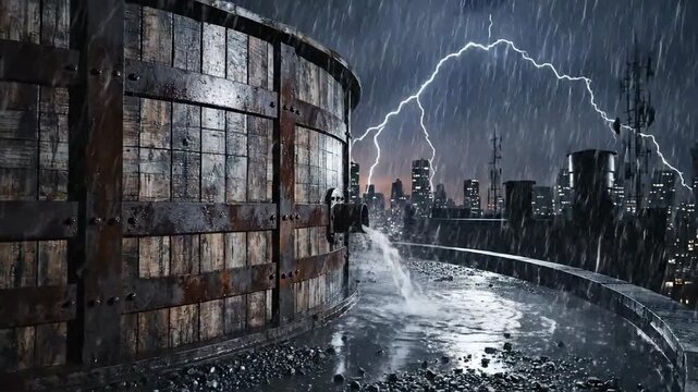 Dramatic Storm Rages Over a Dark Urban Metropolis During Intense Thunder and Lightning