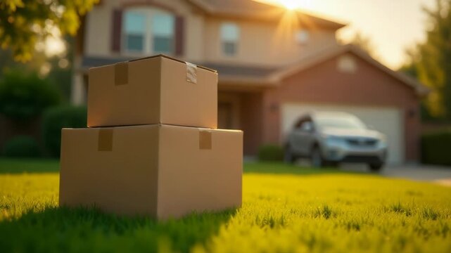 Video Two boxes sit on the lawn in front of a house, possibly containing gardening tools or outdoor furniture