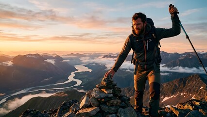 Hiker Reaching Mountain Summit During Sunset.