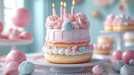 Festive two-tier birthday cake with lit candles and delicate pastel frosting.