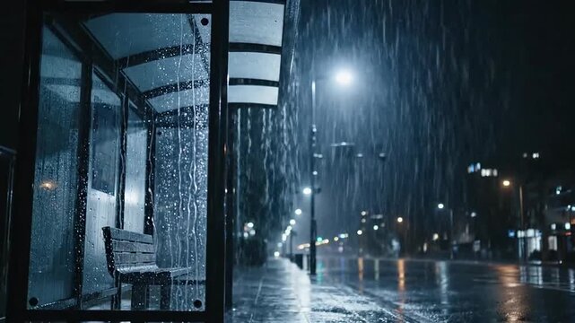 Dramatic Rainy Night Scene: Bus Stop Shelter in a Dark Urban Environment