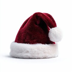 Luxurious Deep Red Velvet Santa Hat with Fluffy White Faux Fur Trim and Pom-Pom, Isolated on a Bright White Background for Christmas Holiday Design and Mockups.