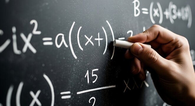 Hand writing mathematical equations on a blackboard with chalk mathematics