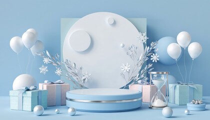 Elegant blue and white winter festive display with podium and gifts
