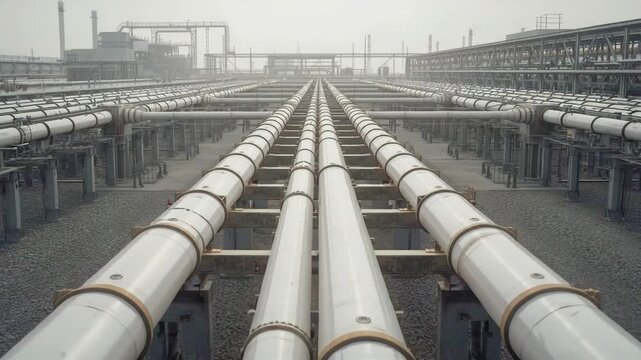 Long rows of industrial pipelines extending across energy facility with strong linear perspective outdoors
