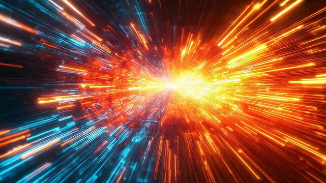Futuristic energy lines exploding from a central bright light point, creating a dynamic abstract background representing data transmission, speed, and advanced technology