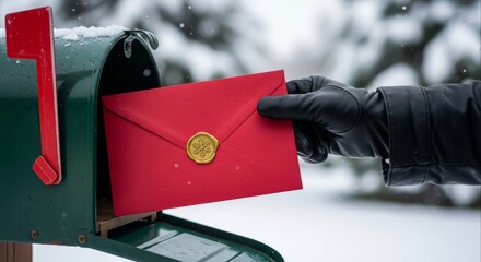 Gloved Hand Mailing Red Envelope with Wax Seal in Winter