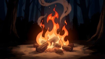 Warm Cozy Campfire with Flickering Flames in Night Setting.