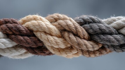 Different shades of rope are twisted together in a tight braid. This blend of fibers shows how strong and useful ropes can be for various tasks.