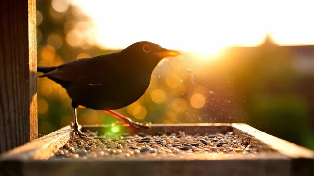 A blackbird stands on a feeder, pecking at seeds while the golden sunlight highlights its features. The blackbird and seeds create a peaceful moment in the garden setting.