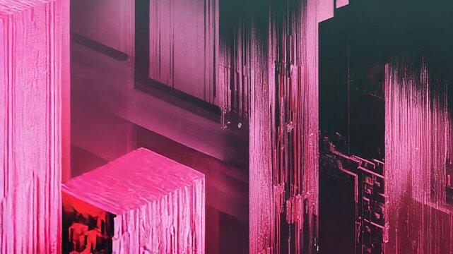 Abstract digital cityscape rendering a futuristic vision of urban data architecture with glitch effects and fragmented geometric structures in vibrant pink and magenta tones