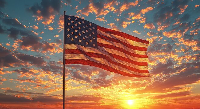 Patriotic flag of america above clouds during sunset picture