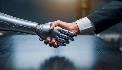 Business handshake between human and robot over a dark office table, symbol of future workforce integration