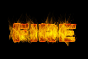 Bold text spelling fire is illustrated with vibrant flames and glowing effects, creating a dynamic visual impact against a solid black background, evoking warmth and energy