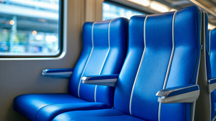 Comfortable blue seats with armrests inside a modern passenger train showcasing a clean and inviting interior design for travelers on a daytime journey