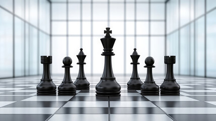 Chess piece strategy leadership concept, black chess set on glass board in modern office