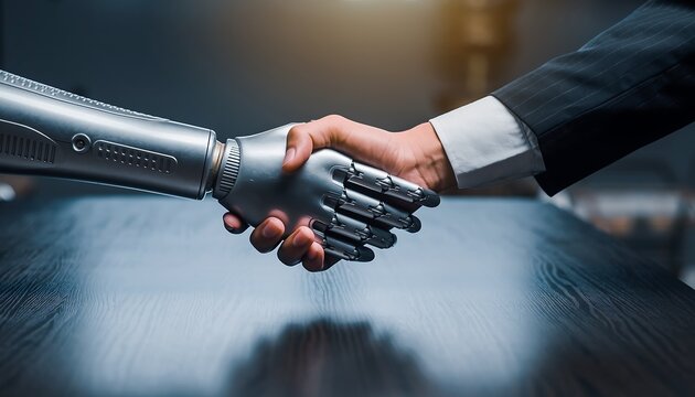 Business handshake between human and robot over a dark office table, symbol of future workforce integration