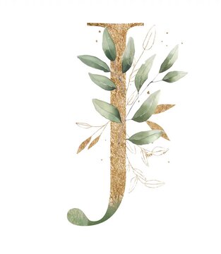 Letter J alphabet initial letter watercolor greenery foliage with line art delicate animation romantic illustrated alpha mask animation golden