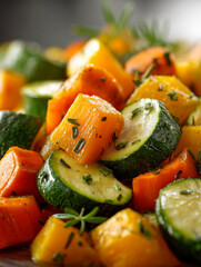 Colorful roasted fall vegetables including zucchini, butternut squash, and carrots seasoned with fresh herbs, showcasing a warm and healthy side dish option